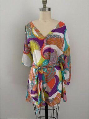 Josh Brody Retro Abstract Print Tunic Swim Sheer Cover Up Boho Resortwear Sz 2
